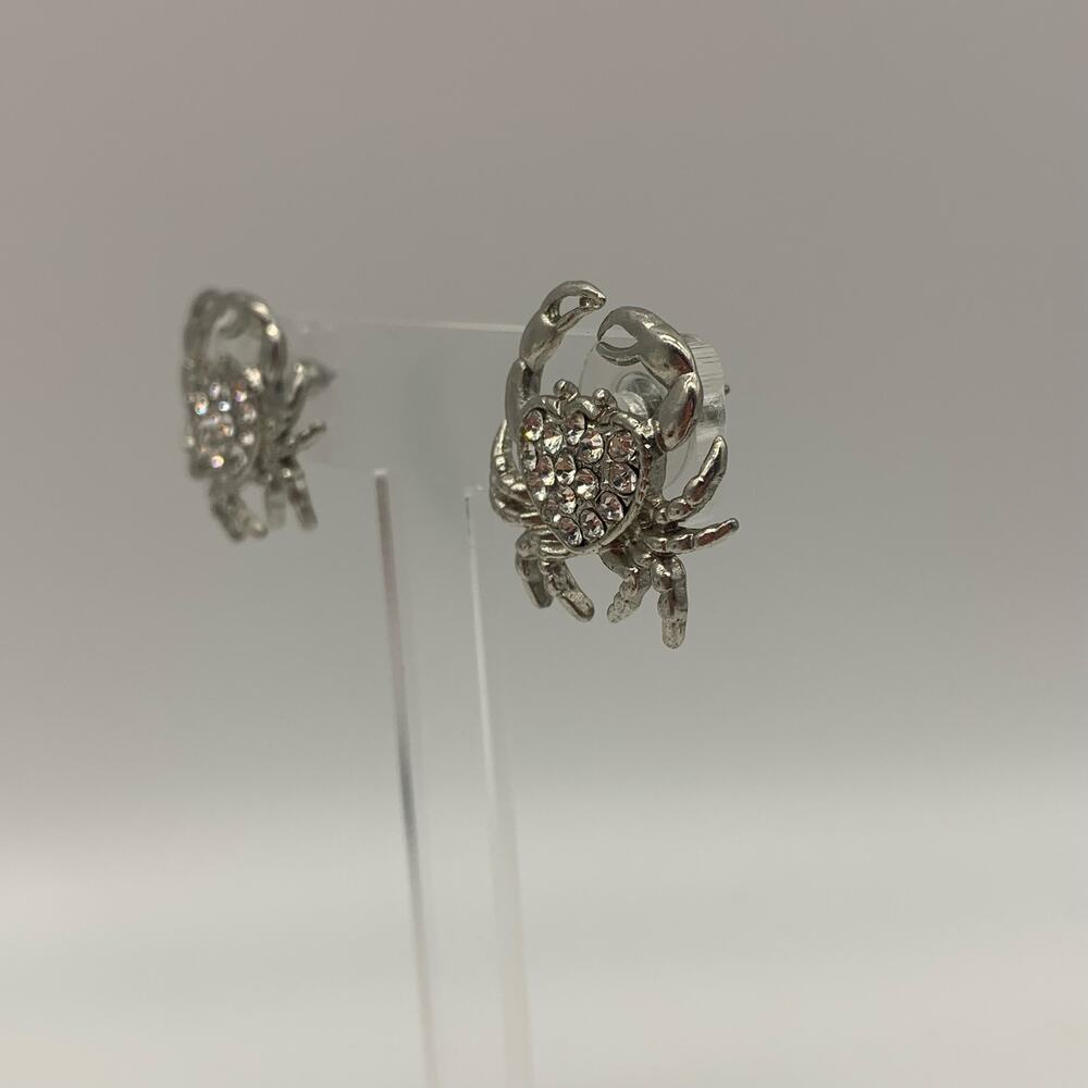Silver Tone Crab Pierced Earrings with Rhinestones - Picture 2 of 8